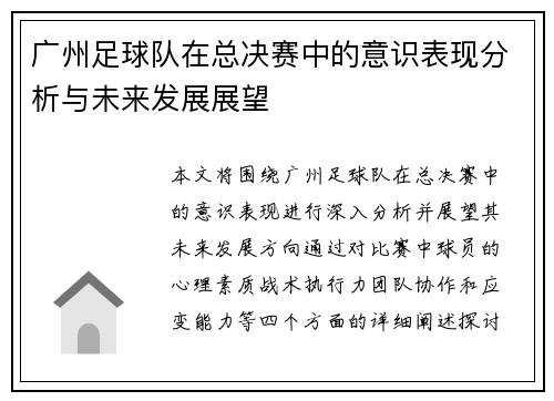 广州足球队在总决赛中的意识表现分析与未来发展展望